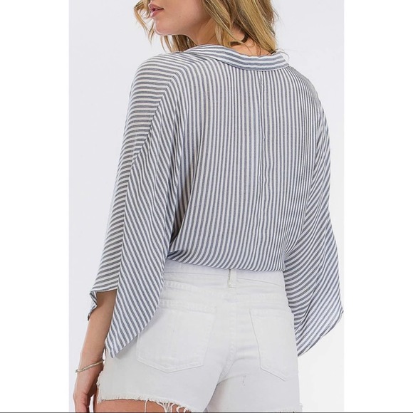 Olivaceous Lulus Blue White Striped Tie Front Plunging Neck Blouse Cover Up - Picture 5 of 7